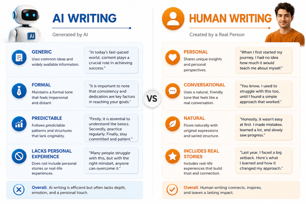 AI writing versus human writing comparison showing differences in tone, style, and authenticity
