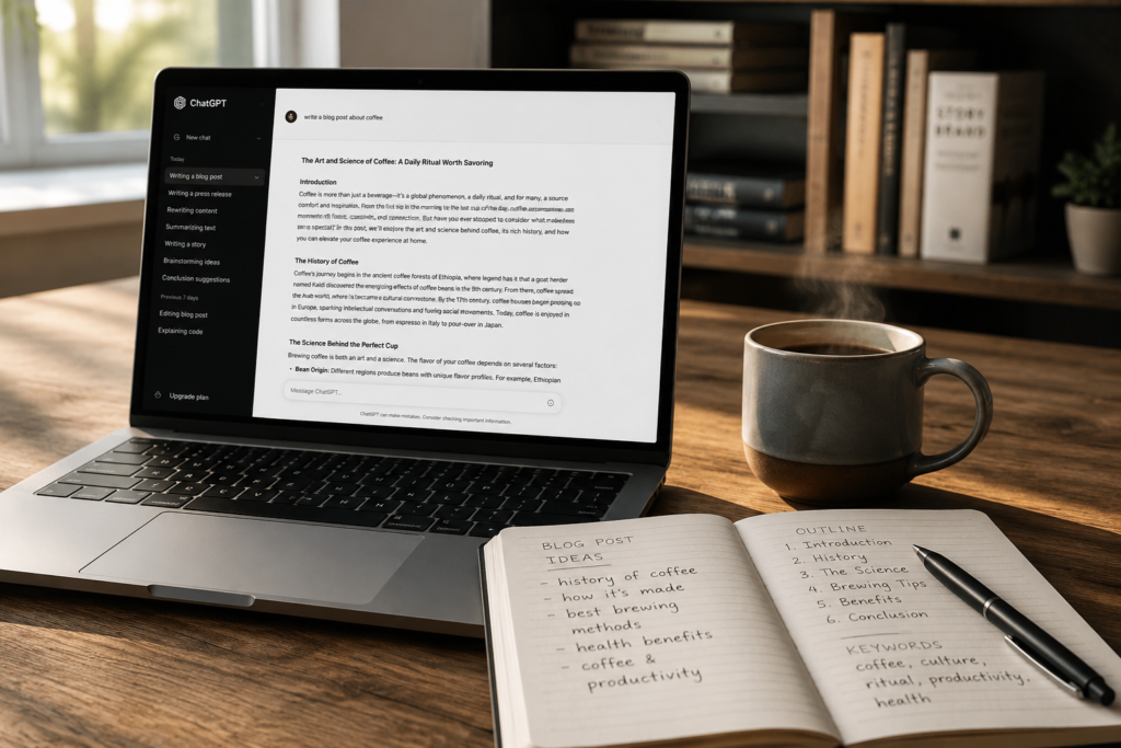 How to use ChatGPT for blog writing without sounding robotic - featured image showing a laptop with ChatGPT open on a clean desk