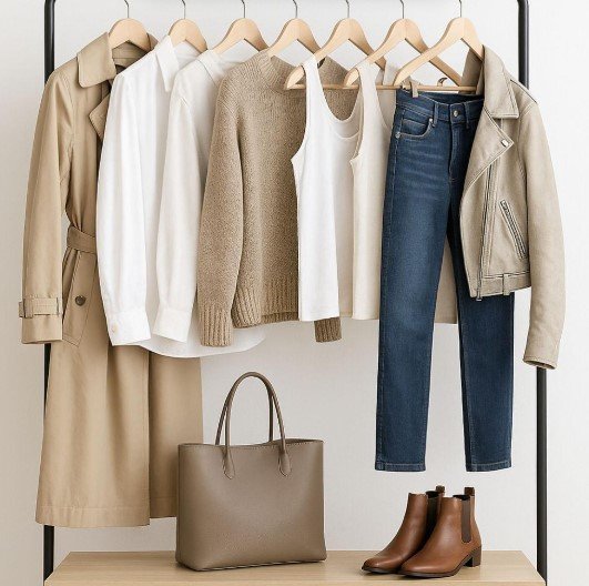 A selection of versatile capsule wardrobe essentials including shirts, trousers and jeans