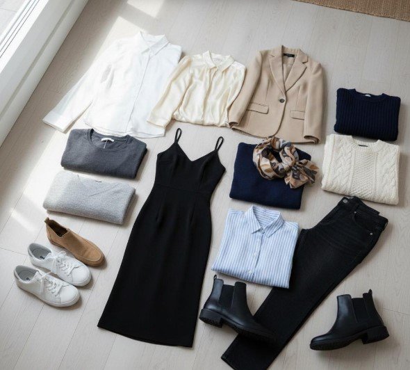 Neutral wardrobe colors including beige, white, navy and black clothing