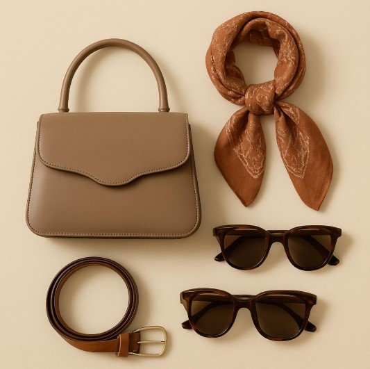 A belt, scarf, watch and handbag arranged as capsule wardrobe accessories