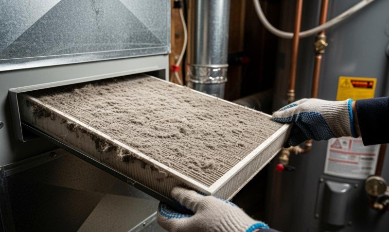 Homeowner inspecting a dusty HVAC air filter