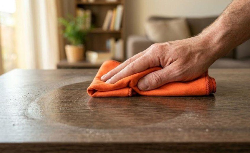 Person removing dust from a wooden table with a microfiber cloth