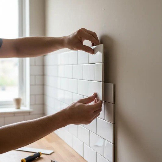 Aligning a peel-and-stick backsplash tile on a kitchen wall
