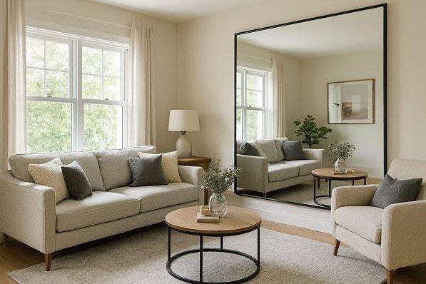 A wall mirror reflecting daylight in a small living room
