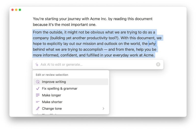 AI writing assistant helping edit a document in Notion