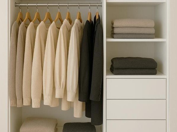 Clothing neatly arranged on hangers and folded on shelves in an organized wardrobe