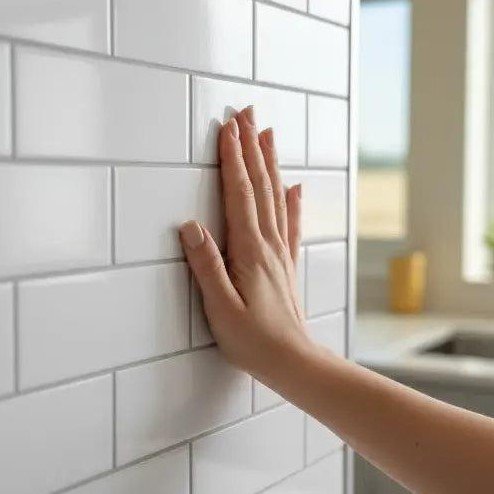 Small peel-and-stick backsplash sample being tested on a smooth wall