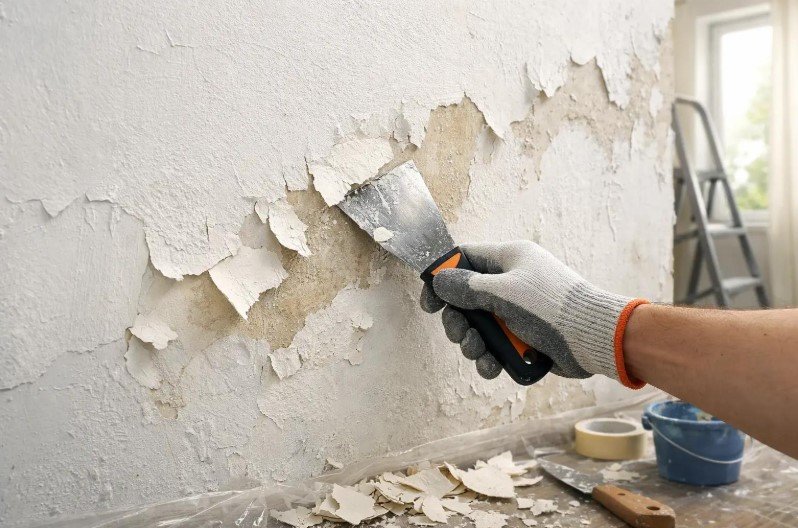 Scraping loose paint from an interior wall before repairing the surface