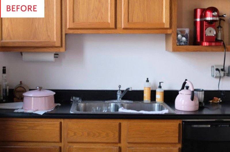 Rental kitchen with a plain wall above the countertop before a backsplash update