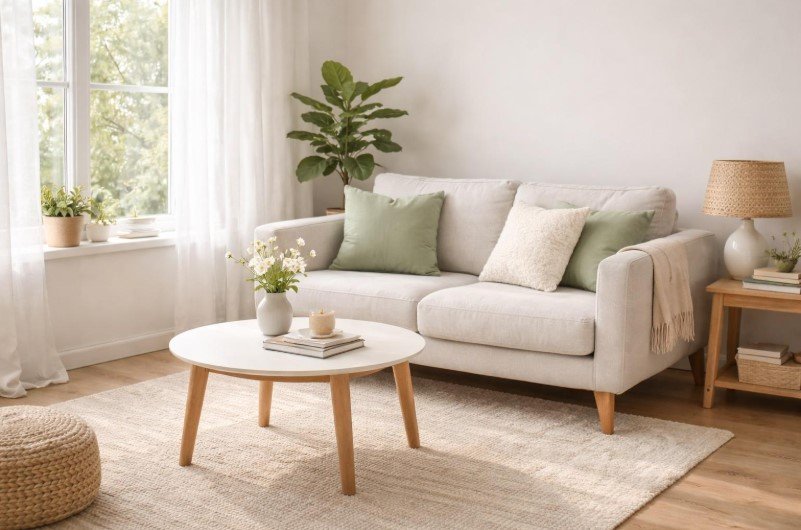 Compact living room furniture arranged with a clear walkway