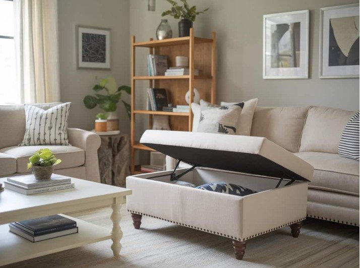 A compact living room with a storage ottoman and organized shelves