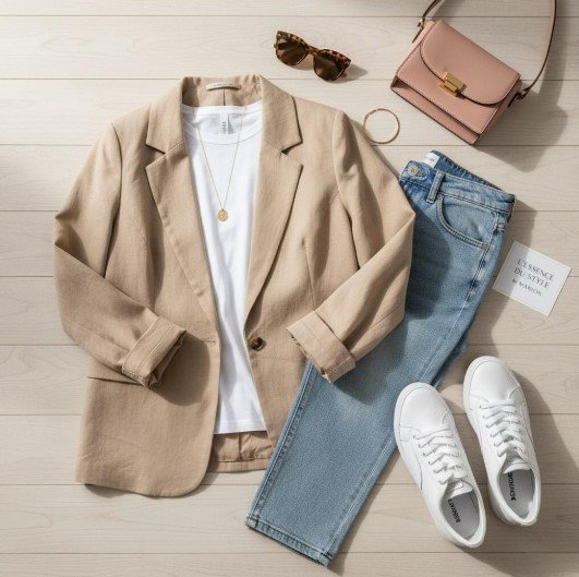 A casual outfit combining a white shirt, blue jeans and a beige jacket