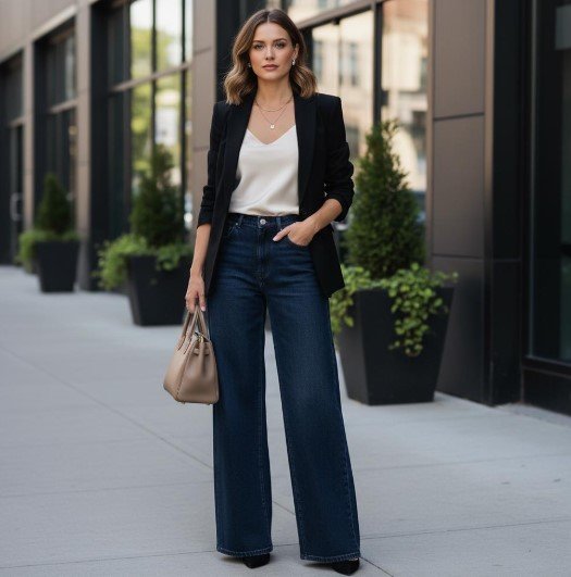 Dark wide-leg jeans styled with a tailored blazer and simple top