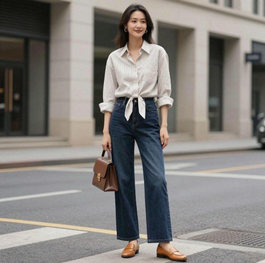 Wide-leg jeans paired with a button-down shirt and loafers