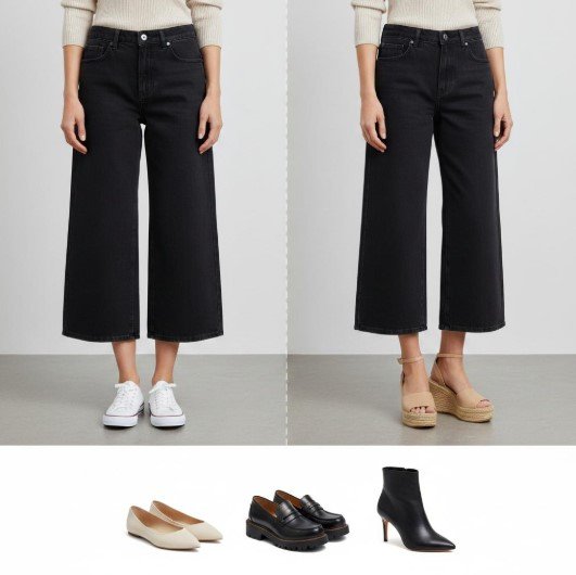 Wide-leg denim hems shown with different shoes for everyday styling